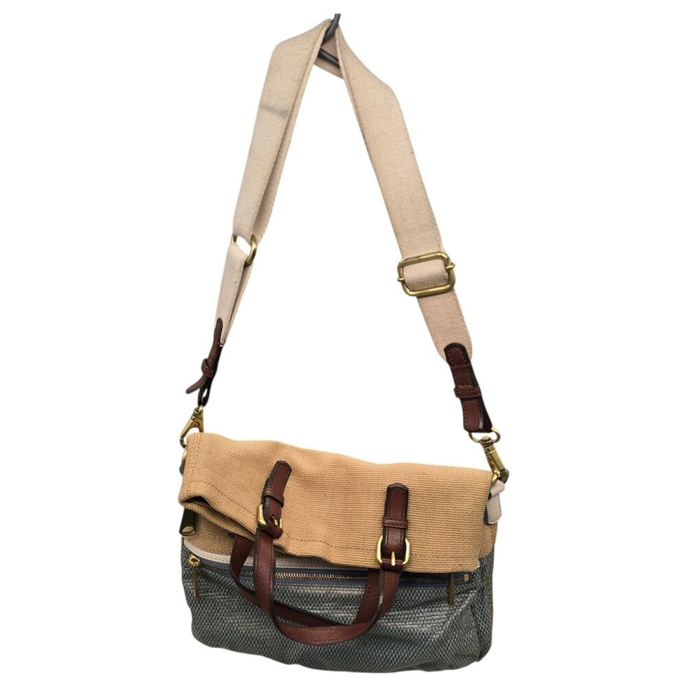 FOSSIL Explorer Woven Straw Triple Zip Hipster Crossbody Handbag Blue Beige EUC - Picture 5 of 16